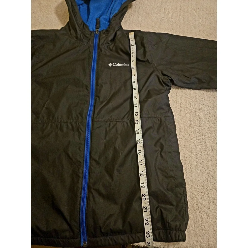 Columbia Kids Windbreaker Jacket Black Blue Fleece Lined Hooded‎ Size L 14/16
